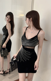 Stylish Black Velvet Sling Dress with Sparkling Rhinestone Patterns