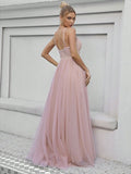 V Neck Backless Applique Tulle Prom Dress