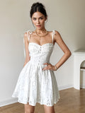 Bow Tie Shoulder Straps White Eyelet Mini Dress