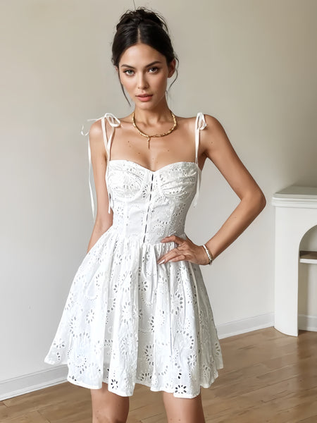 Bow Tie Shoulder Straps White Eyelet Mini Dress