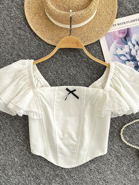 Lace Ruffle Sleeves White Off-Shoulder Corset Top