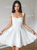 Buttoned Bodice Flared Pleated Skirt White Mini Dress