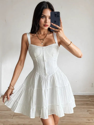 Buttoned Bodice Flared Pleated Skirt White Mini Dress