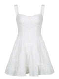 Buttoned Bodice Flared Pleated Skirt White Mini Dress