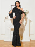 Black One-Shoulder Sequined Prom Dress