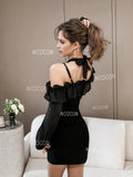 Long Sleeves Ruffled Cuffs Black Off-Shoulder Dress