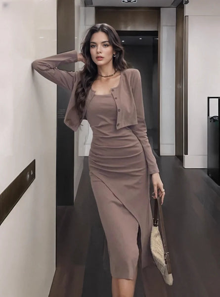 Ruched Waist Cardigan Taupe Fitted Dress