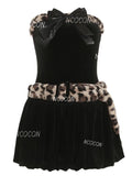 Leopard Print Bow Black Velvet Strapless Dress