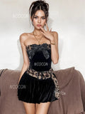 Leopard Print Bow Black Velvet Strapless Dress