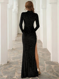 Black Long Sleeve Sequin Glitter Party Dress with High Slit