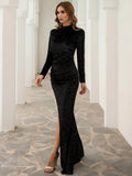 Black Long Sleeve Sequin Glitter Party Dress with High Slit