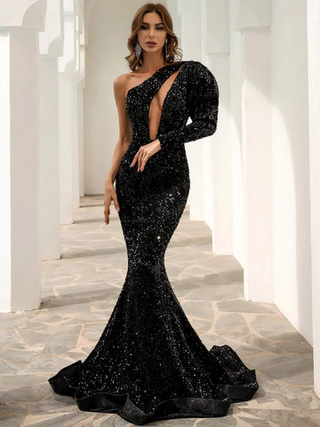 One Shoulder Cut Out Mermaid Black Sequin Prom Dress