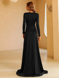 Deep V-Neckline High Slit Long Sleeve Black Dress