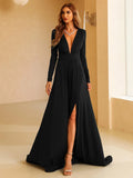 Deep V-Neckline High Slit Long Sleeve Black Dress