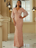 Rose Gold Sheer Sleeves V-Neckline Party Dress