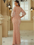 Rose Gold Sheer Sleeves V-Neckline Party Dress