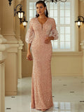 Rose Gold Sheer Sleeves V-Neckline Party Dress