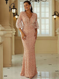 Rose Gold Sheer Sleeves V-Neckline Party Dress