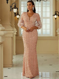 Rose Gold Sheer Sleeves V-Neckline Party Dress