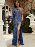 Sequin High Slit One-Shoulder Blue Evening Party Dress