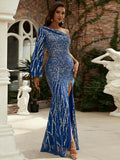 Sequin High Slit One-Shoulder Blue Evening Party Dress