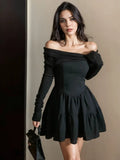 Long Sleeves Flared Skirt Black Off-Shoulder Dress