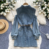 Belted Waist Button Off-Shoulder Denim Dress