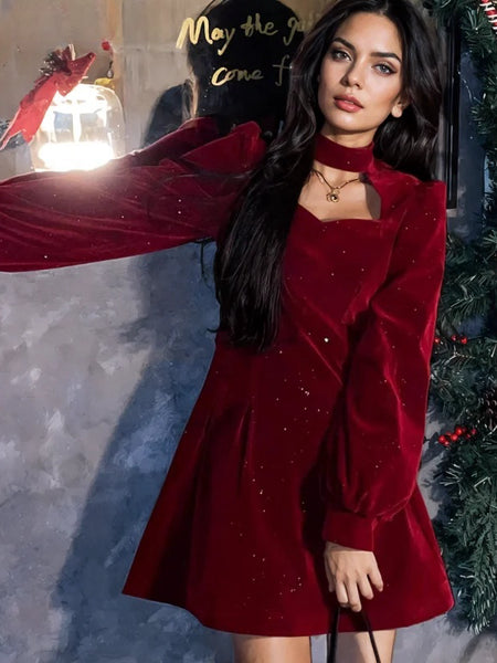 Long Sleeves Stylish Holiday-Ready Velvet Mini Dress