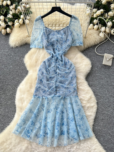 Floral Patterns Ruched Light Blue Mesh Dress