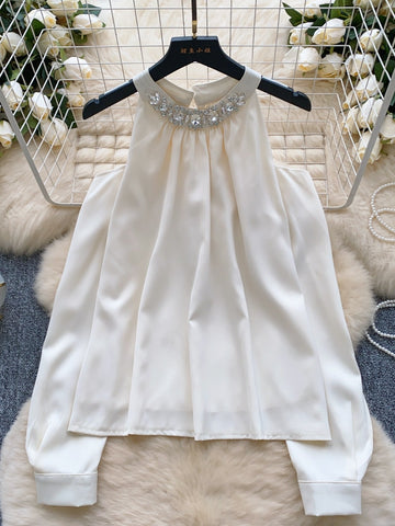 Embellished Neckline Long Sleeves Ivory Blouse