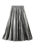 Metallic Bright Silk Long Pleated Skirt