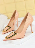 SHALLOW-MOUTHED POINTED METAL BUCKLE HIGH HEELS