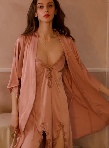 SEXY ICE SILK V-NECK BOW PAJAMAS SET