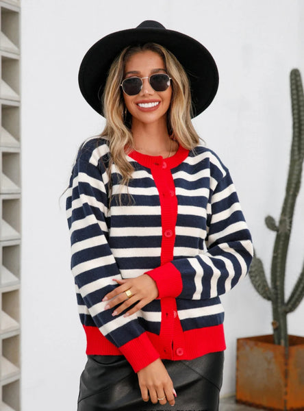 Striped Cardigan Color Matching Button Sweater Coat