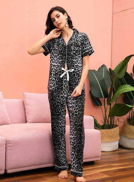 FASHION LEOPARD SHORT SLEEVE TROUSERS PAJAMAS