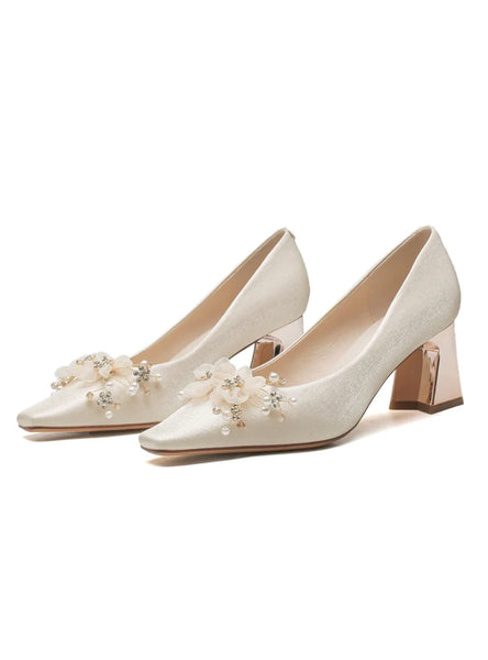 SQUARE-HEADED THICK-HEELED BEADED WEDDING SHOES