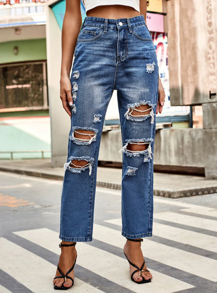 HOLE STRAIGHT CROPPED TROUSERS JEANS