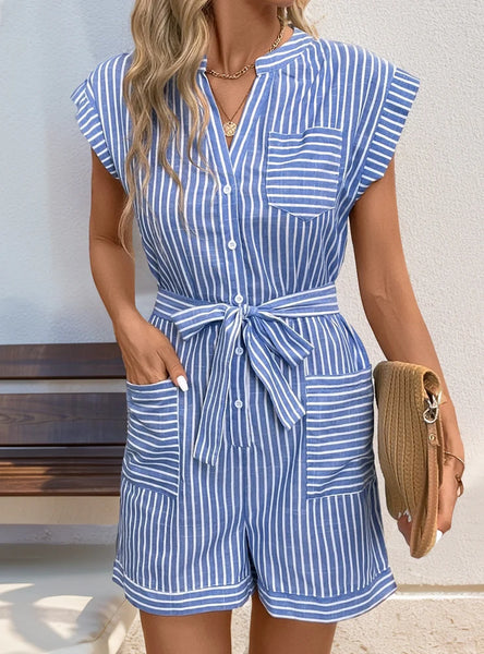 STRIPED POCKET BUTTON SHORT SLEEVE JUMPSUIT