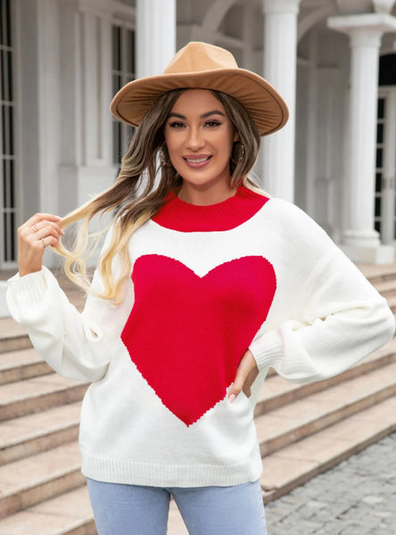 Heart Round Neck Knitted Pullover Sweater