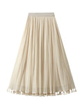 High Waist Gauze Fringed Pleats Skirt On Both Sides