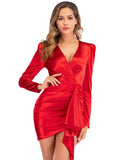 LONG SLEEVE V-NECK PARTY RED DRESS