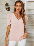 V-neck Chiffon Bubble Sleeve Short Sleeve Shirt