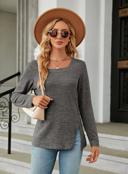 SQUARE NECK BUTTON SPLIT LOOSE LONG SLEEVE T-SHIRT