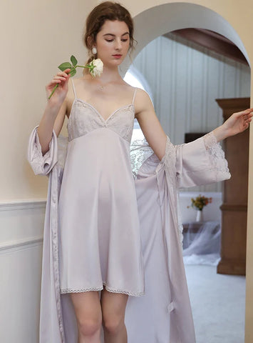 THIN TWO-PIECE HOME LONG SLEEVE V-NECK NIGHTGOWN