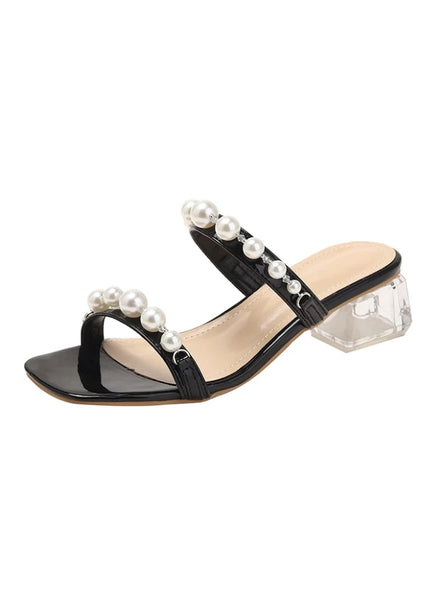 THICK-HEELED PEARL CRYSTAL SLIPPERS