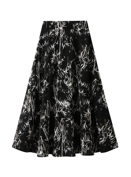 Long Ink Bamboo Print Skirt