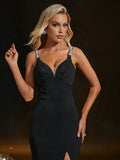 V Neck Sheath Column Black Backless Prom Dress With Slit