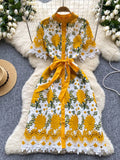 Bow Embroidered Yellow Floral Lace Dress