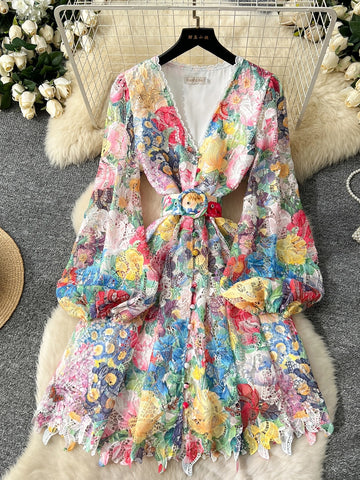 Balloon Sleeves Waist Knot Floral Lace Dress