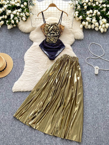 Metallic Two Piece Ruched Crop Top Pleated Maxi Skirt